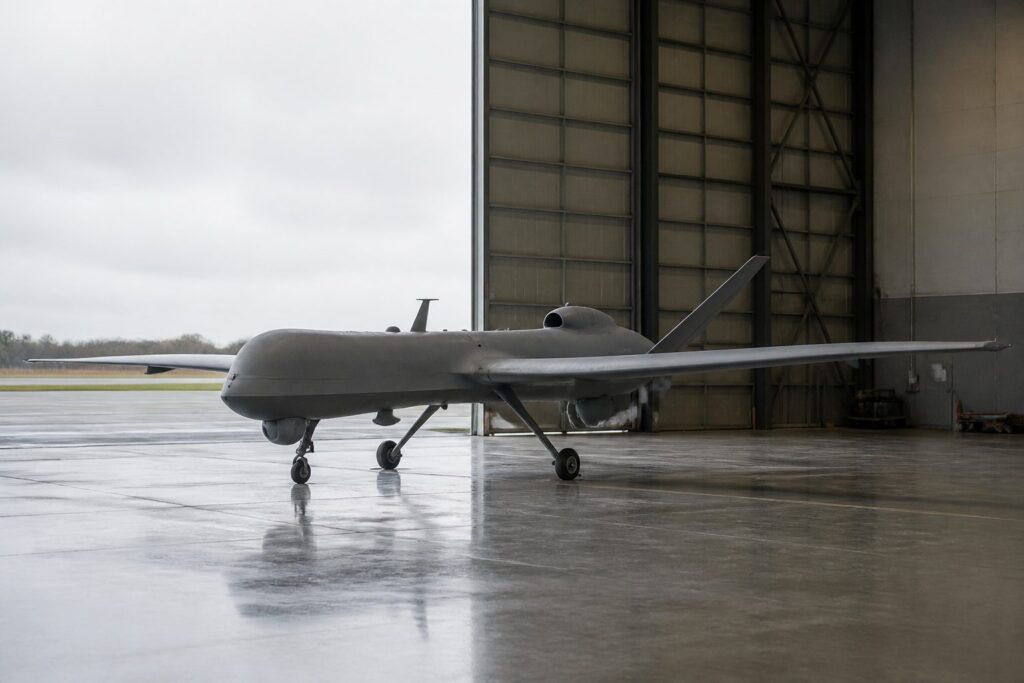 Grijze langeafstandsdrone met brede vleugels in een vliegtuighangar