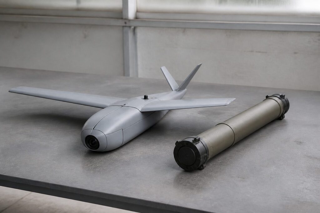 Kleine verkenningsdrone met cameraneus naast een slanke lanceerkoker op een werktafel