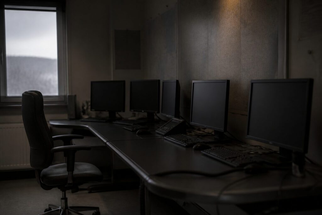 Verduisterde operatiekamer met een rij uitgeschakelde schermen en een lege bureaustoel