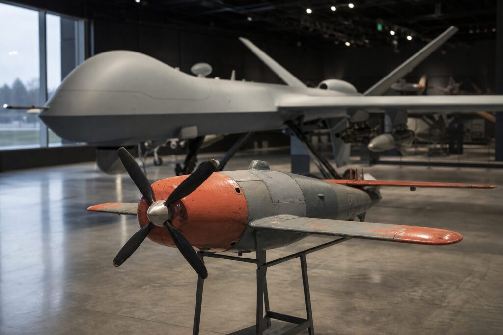 Museumopstelling met een propellergedreven doeldrone op een standaard en daarachter een modern toestel