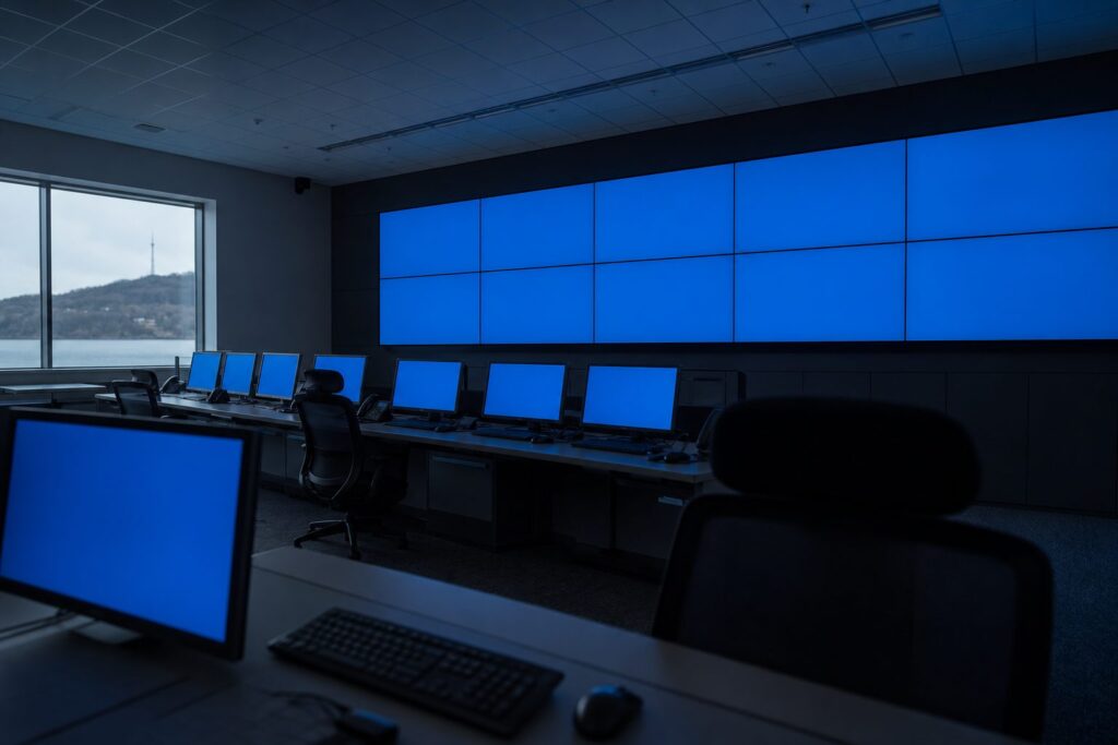 Wand met grote lege schermen boven rijen bureaus in een blauw verlichte controlekamer