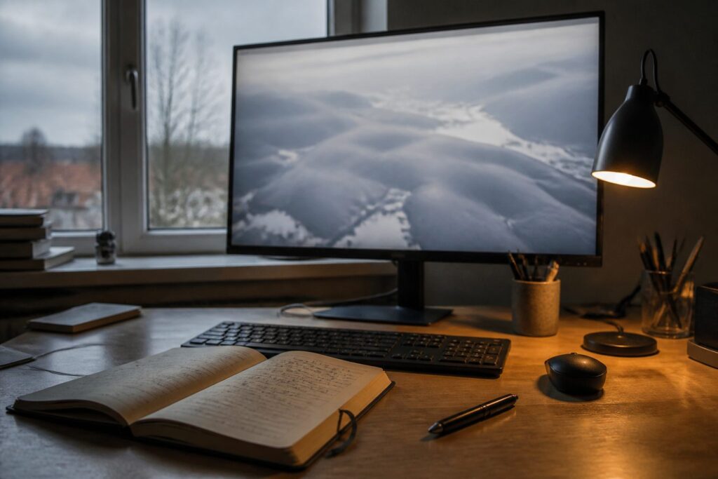Monitor met een wazig luchtbeeld naast een notitieblok met handgeschreven aantekeningen