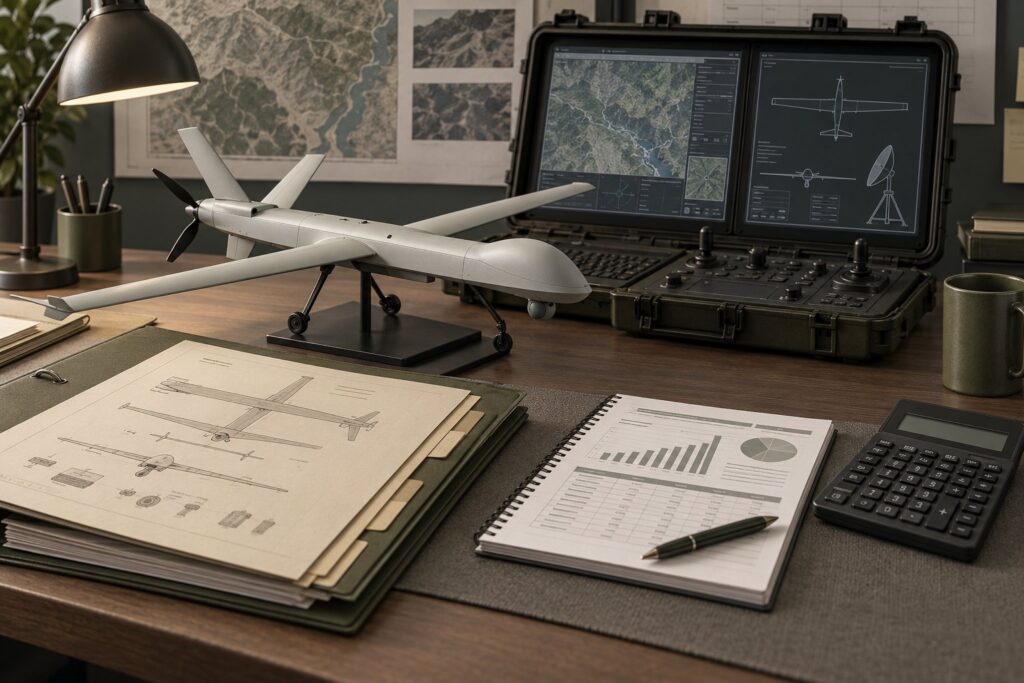 AI-illustratie van een onbemand toestelmodel en kostenpapieren; geen werkelijk MQ-9-beeld.